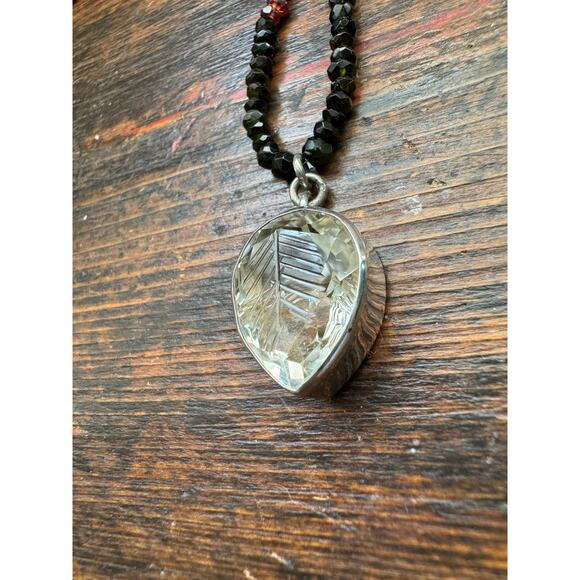 Leaf Carved Quartz Crystal Sterling Pendant Garnet Black Spinel Beaded Necklace - Picture 3 of 7